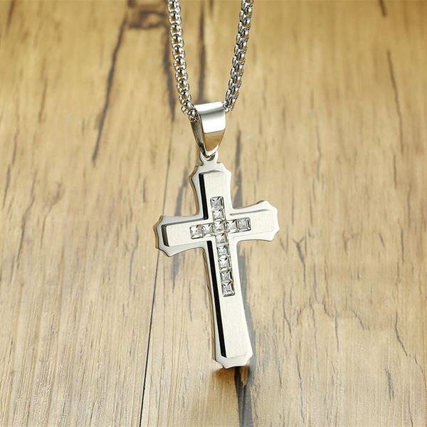 

pendant necklaces fashion crystal cross stainless steel color gold zirconia necklace jewelry for men women, Silver