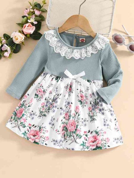 

baby floral print embroidery mesh trim bow front dress she, Red;yellow