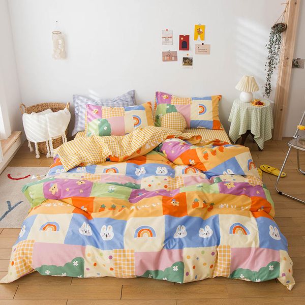 Set biancheria da letto in cotone stile cartone animato coniglio e arcobaleno stampato set biancheria da letto queen size copripiumino lenzuolo e federa cotone C0223