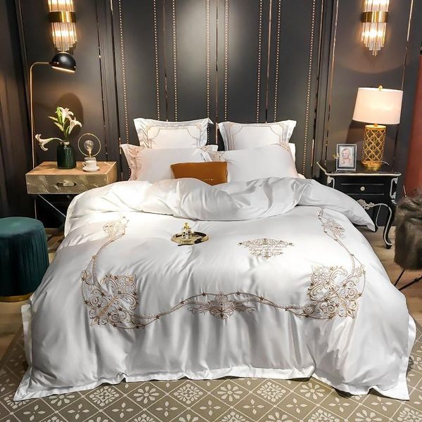 

bedding sets white blue gray purple luxury european gold embroidery cotton set washed silk duvet cover bed sheet/linen pillowcases