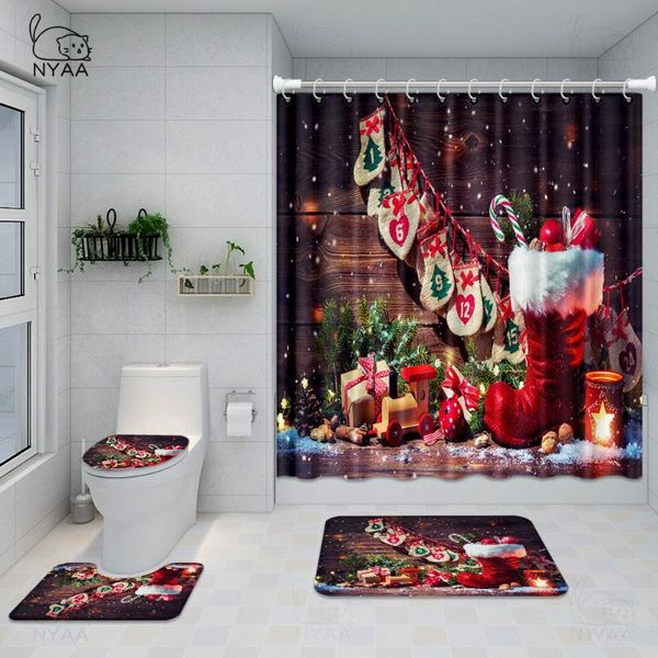 

red merry christmas shower curtains set with rug carpet waterpeoof bathtub bathroom screen toilet partition festival decoration
