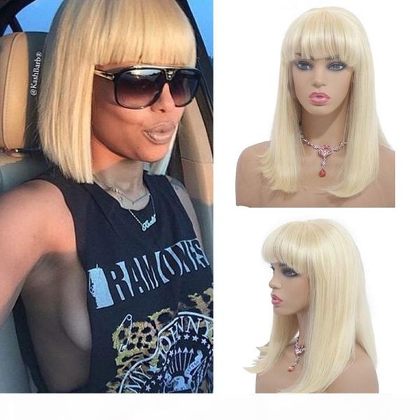 

ash blonde human hair bob wig with bangs straight lace front wig virgin european glueless full lace wig with bangs color #613, Black;brown