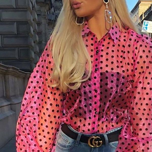 

women mesh sheer see through long puff sleeve blouse office lady dots print summer autumn new buttoned shirts female streetwear, White