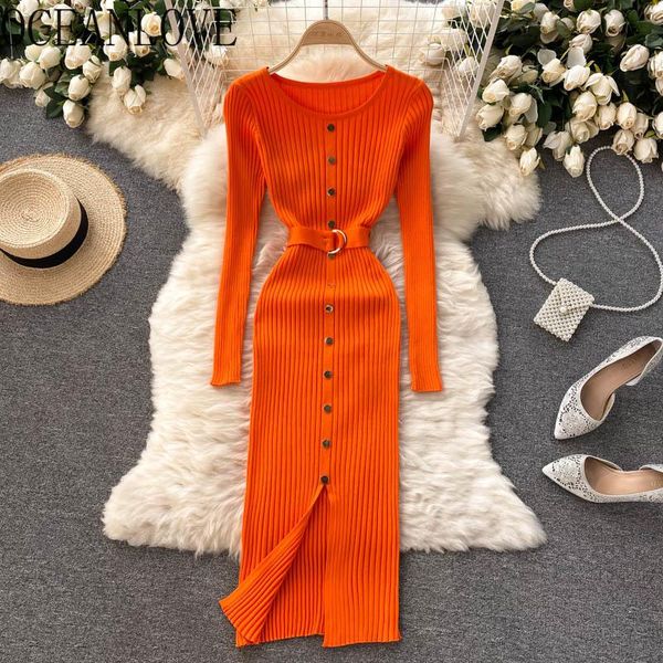 

casual dresses oceanlove knitted vestidos single breasted sashes solid autumn winter women 2021 korean fashion robe femme retro, Black;gray