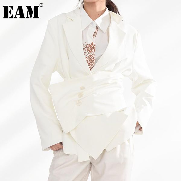 

women's suits & blazers [eam] women white pleated belt irregular blazer lapel long sleeve loose fit jacket fashion spring autumn 2021 1, White;black