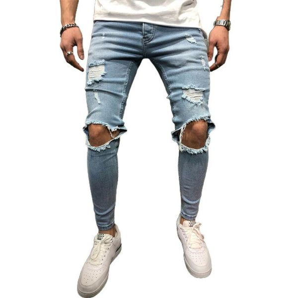 

men's jeans trousers for men skinny stretch ripped zipper denim pencil pants summer 2021 fashion casual slim full length clothes, Blue