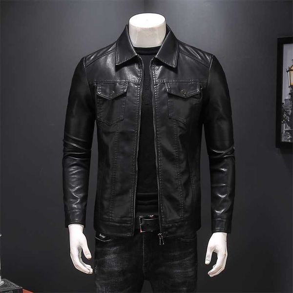 Siyah Faux Deri Ceketler Erkekler Moda Iş Rüzgarlık Açın Yaka Çok Cep Rahat Slim Fit Biker Giyim Adam 211111