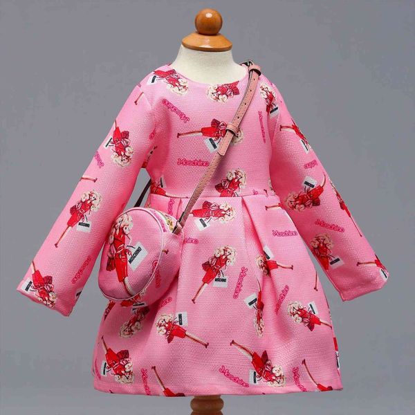 

long sleeve girl christmas dress autumn winter floral print toddler kids clothes children with bag, Red;yellow