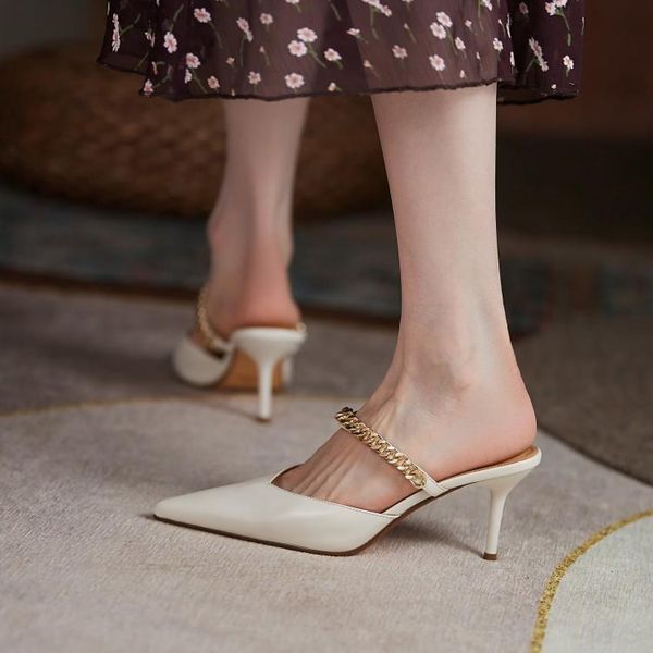 

dress shoes french stylish women mules pointed toe shallow prom stilettos chic office lady work pumps gold chains high heels slippers, Black