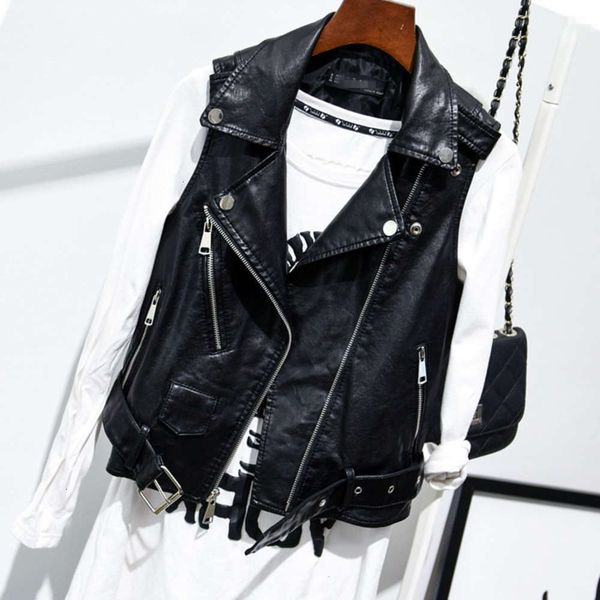 

2021new vest in spring and autumn of 2019 women's short korean sleeveless clothes pu shoulder cut small belt leather jacket, Black