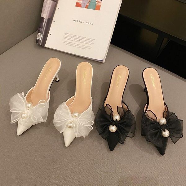 

slippers female high heels 2021 women shoes woman ladies mules sandals pumps fashion pearl lady outside for, Black