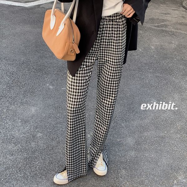 

2021 new houndstooth suit casual women's spring high waist loose straight thin trousers wide leg drape all-match pants z7zk, Black;white