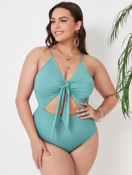 

plus cut-out knot front one piece swimsuit u2lo#, Black