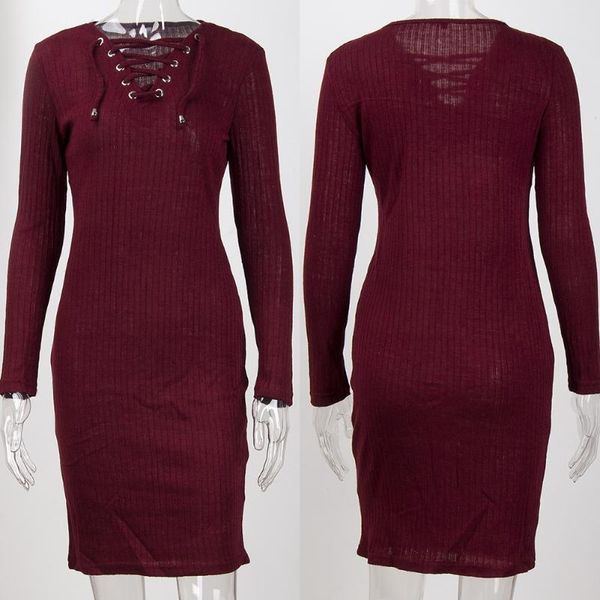 

casual dresses bottoming basic mini warm solid long sleeve fashion package hip slim lace up women dress winter elastic knit, Black;gray