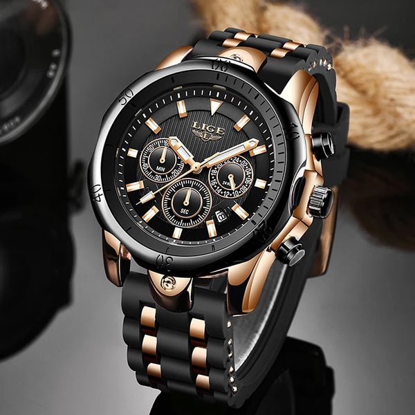 

relogio masculino new fashion watch men lige brand sport watches mens waterproof quartz clock man casual military wristwatchg, Slivery;brown