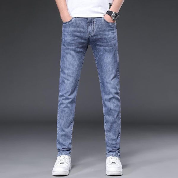 

men's jeans 2021 denim pants slim straight light blue stretch regular fit casual men trousers jean pantalon homme