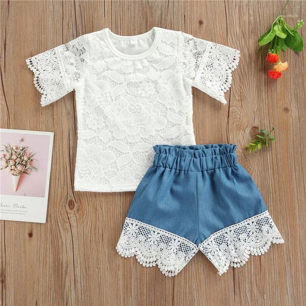 

piece toddler summerÂ tracksuits fashion solid color o-neck short sleeves t-shirt + lace splicing shorts suit for girls 1-5y clothing sets, White