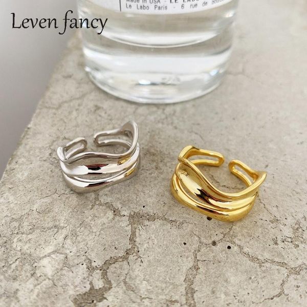 

cluster rings irregular lines sterling silver 925 geometric double layer joint knuckle open handmade jewelry for women and girls, Golden;silver