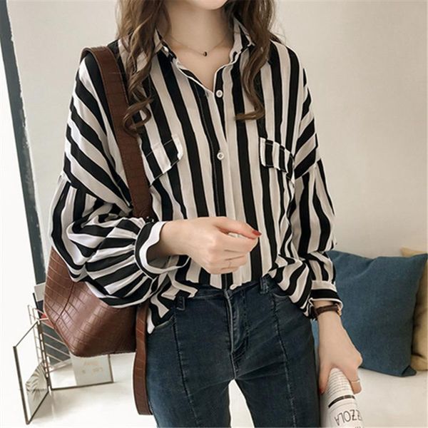 

women plus size and blouse fashion striped long sleeve shirt casual loose turn-down collar autumn clothing collar blouse, White