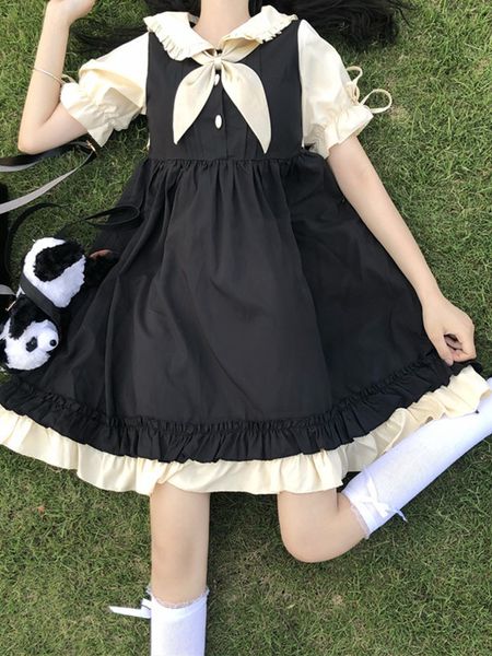 

new korean fashions summer soft japanese style girl fake bow two college-style doll collar in kawaii dress 8jx7, Black;gray