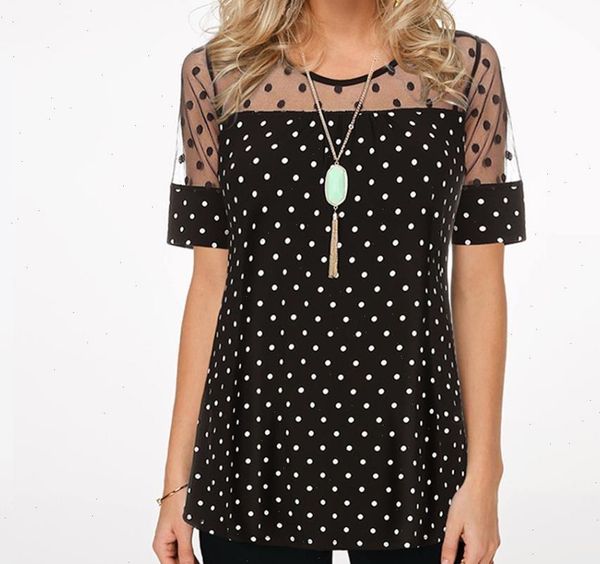 

2021 blouse new plus size 5xl polka dot tee shirt women round neck splice short sleeve summer casual loose female shirt, White