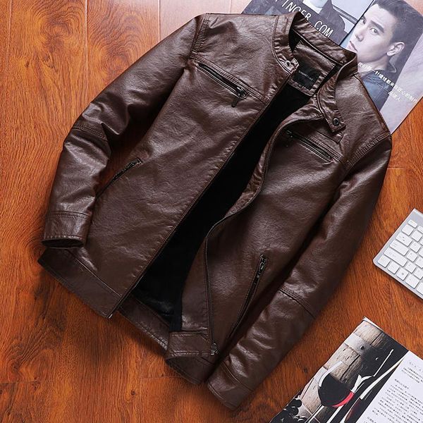 

men's fur & faux motorcycle stand collar men biker jacket leather, Black