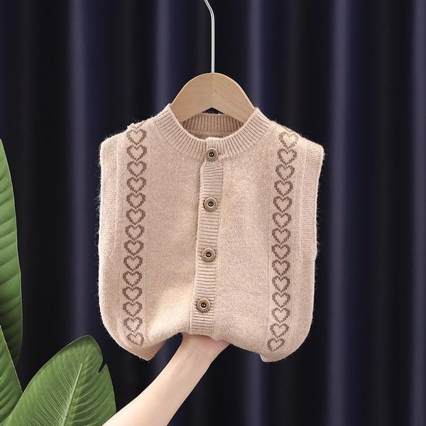 

pullover toddler girls casual fall winter outfits knitted vest heart printed kids round collar cardigan cute infant clothing, Blue