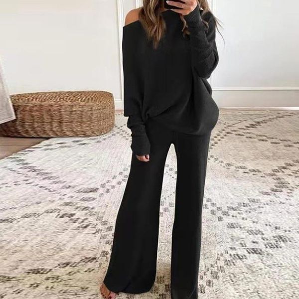 

women's two piece pants knitted casual suit women 2 set spring autumn loose pullover + wide leg sports lady soft tracksuits, White