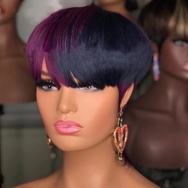 

Short Straight Bob Pixie Cut None Lace Front Human Hair Black /ombre Purple Wig with Bangs for Women, Customize