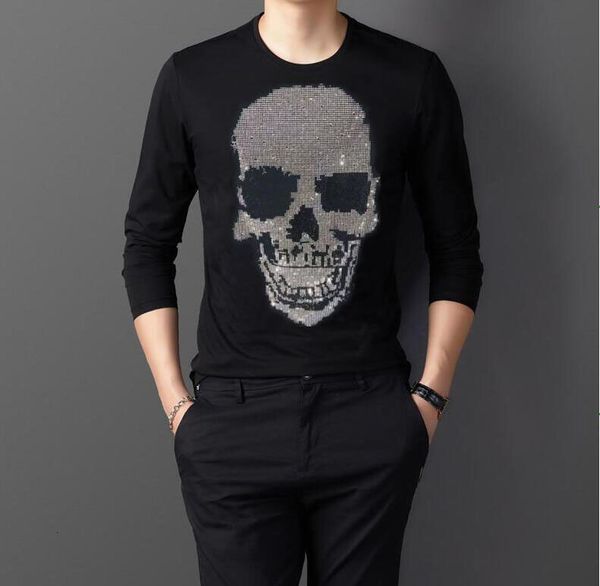 

2021 new mew skull rhinestones men long tshirt fitness casual clothing 7i87, White;black