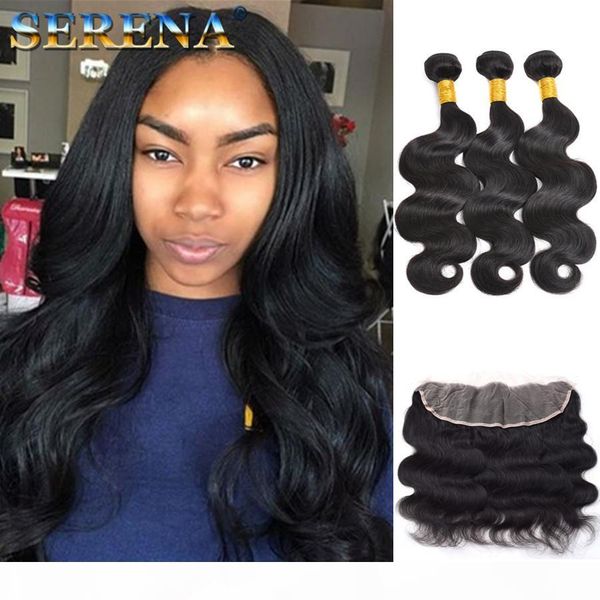 

13x4 lace frontal closures 100% unprocessed brazilian body wave virgin human hair lace frontals part with bleached knots 3bundles, Black;brown