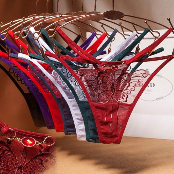 

women's panties net yarn traceless women embroidery ruby decoration ultra-thin breathable hollow out transparent temptation bikini, Black;pink