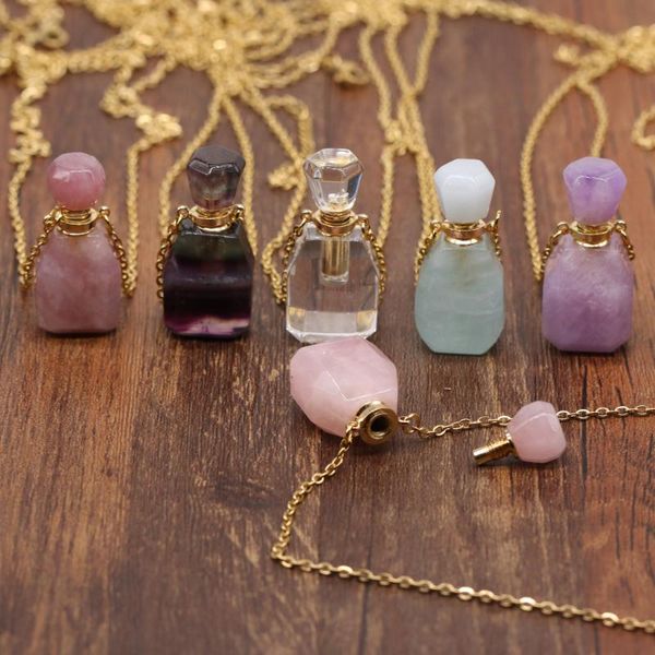 

pendant necklaces natural stone perfume bottle necklace amethysts fluorite essential oil vial charms for women fashion jewelry, Silver