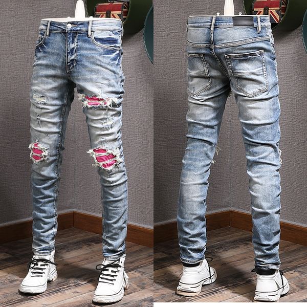 

man red patches on knee jeans big size 38 rip washed hole denim male, Blue