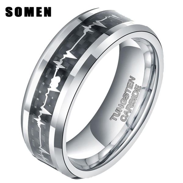 

wedding rings 8mm carbon fiber inlay heartbeat cardiogram man's tungsten carbide ring couple jewelry men band anel masculino, Slivery;golden