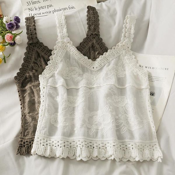 

women's tanks & camis knitted crop embroidery tank women for woman off shoulder tanke sleeveless hollow out camisole, White