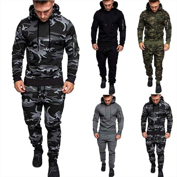 

camouflage print sets camouflag mens tracksuits jacket pants 2pcs sportswear hoodies sweatshirt joggers suit g39, Gray