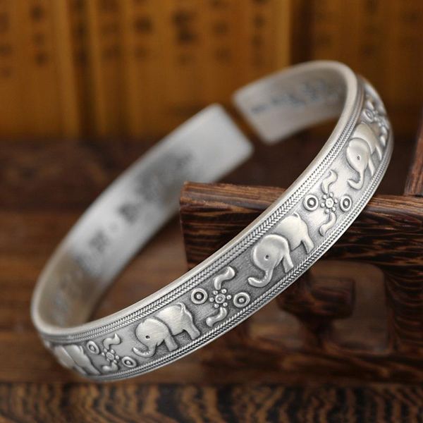 Armreif, Elefanten-Armband, großes Herz, Mantra, Sterlingsilber, verheißungsvoll, Glück, Retro-Öffnung, buddhistische Schrift