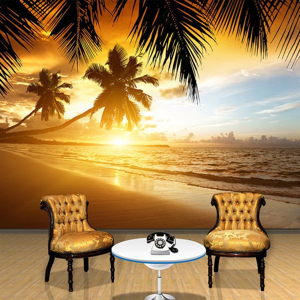 Personalizado 3d cartaz foto papel de parede para sala de estar tv fundo parede cobrindo pôr do sol coco mar paisagem mural papel de parede