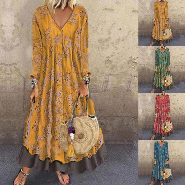 

casual dresses women boho dress vintage pattern print v neck autumn winter fake two piece ruffles hem for vacation holiday maxi sundress, Black;gray