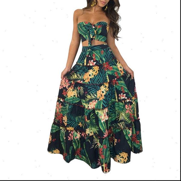 

fashion elegant summer print dress strapless two pieces long maxi dress boho casual beah dress lk9221, Black;gray