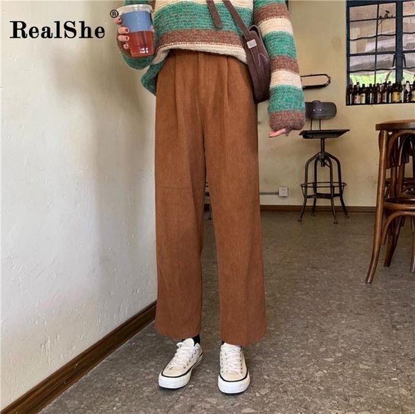 

women's pants & capris realshe corduroy women 2021 high waist solid pockets trousers spring casual streetwear loose woman office, Black;white