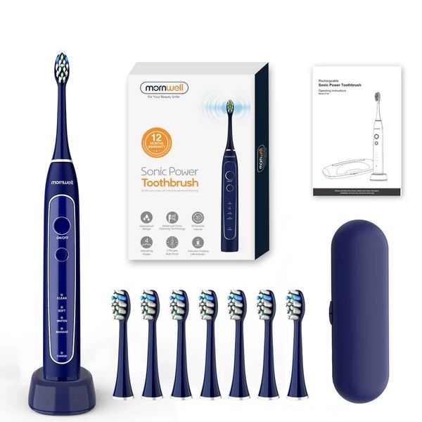 

mornwell electric toothbrush sonic tooth brush usb inductive charging ipx7 waterproof toothbrush blue with 8 brush heads & travel case