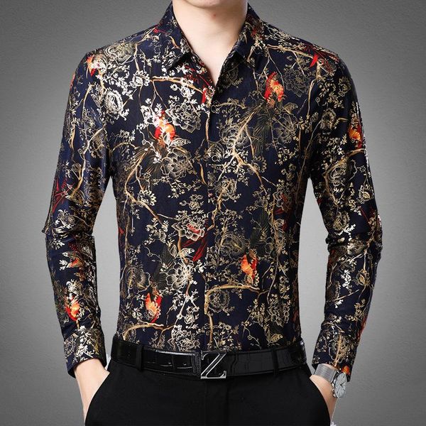 

men's casual shirts fall 2021 long-sleeved shirt ice silk big flower thin floral business printed, White;black