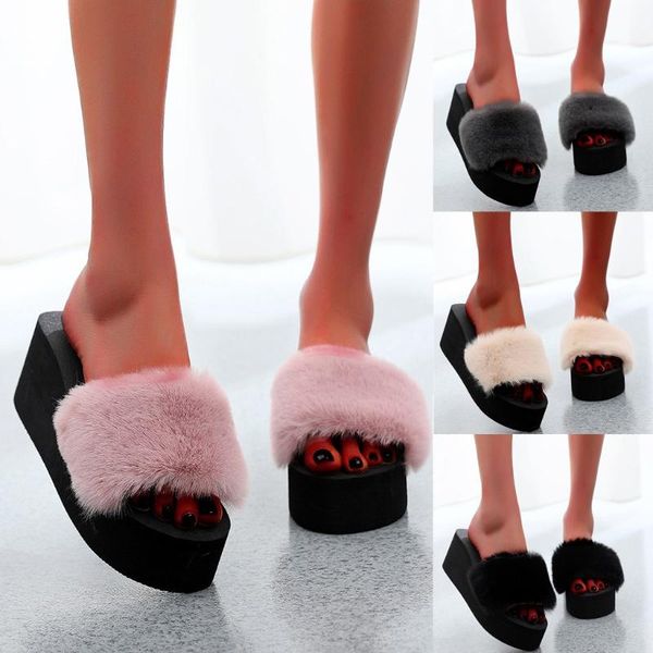 

slippers women furry sponge wedge shoes plush hair fluffy sandals women's slip-on open toe wedges warm winter #0305, Black