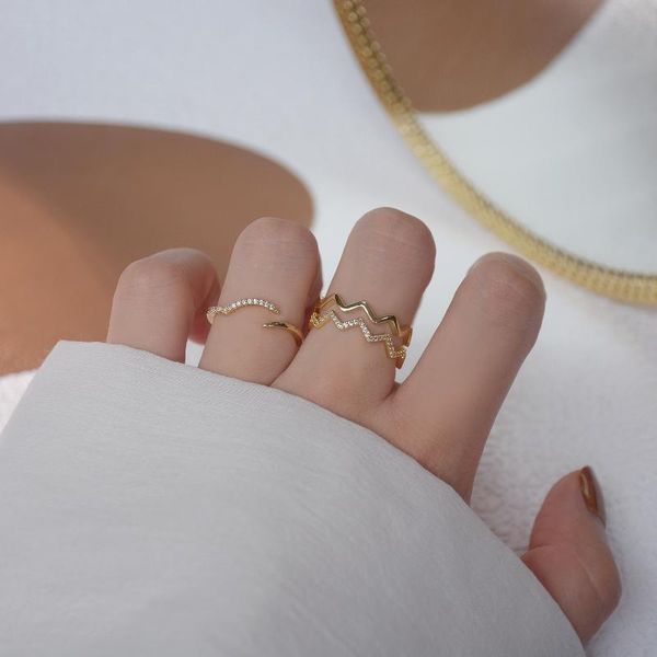 

cluster rings shiny side fashion brand jewelry zirconia wave engagement for women gift adjustable open wedding, Golden;silver