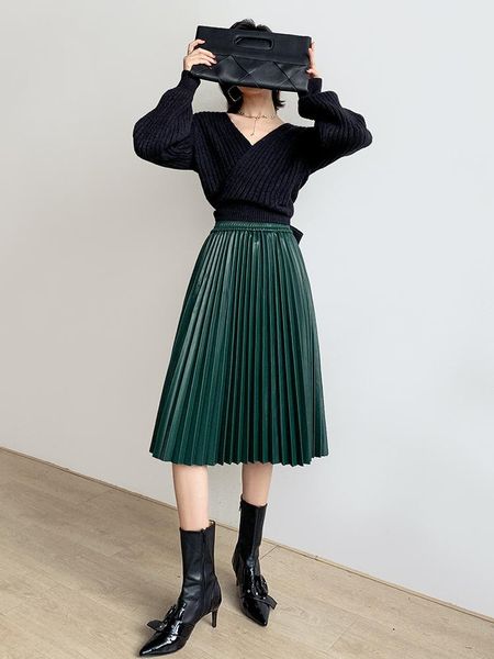 

skirts genuine sheepskin leather 2021 long skirt woman vintage female high wasist pleated vrouw rokken zjt2175, Black