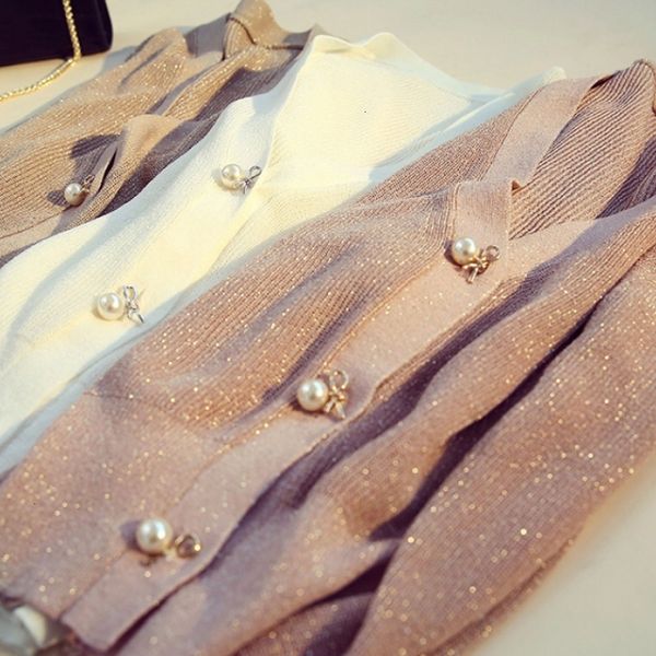 

2021 bright new silk thin short women autumn pearl kardigan pull femme female sweater cardigan x k9bf, White;black
