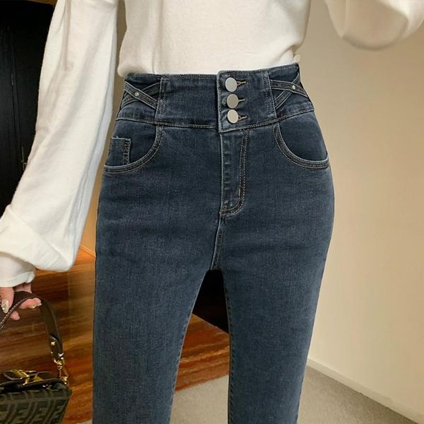 

2021 high waist slim skinny jeans women solid color streetwear female denim trousers korean style casual pencil pants, Blue