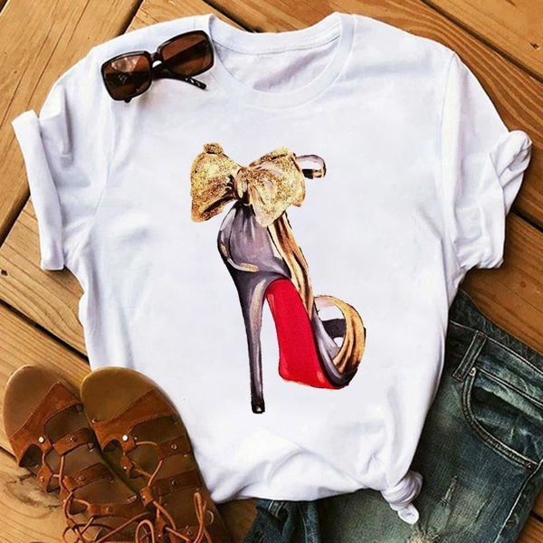 

watercolor high heels shoes prin femme summer funny t shirt women lovely cartoon shirt girl cotton, White